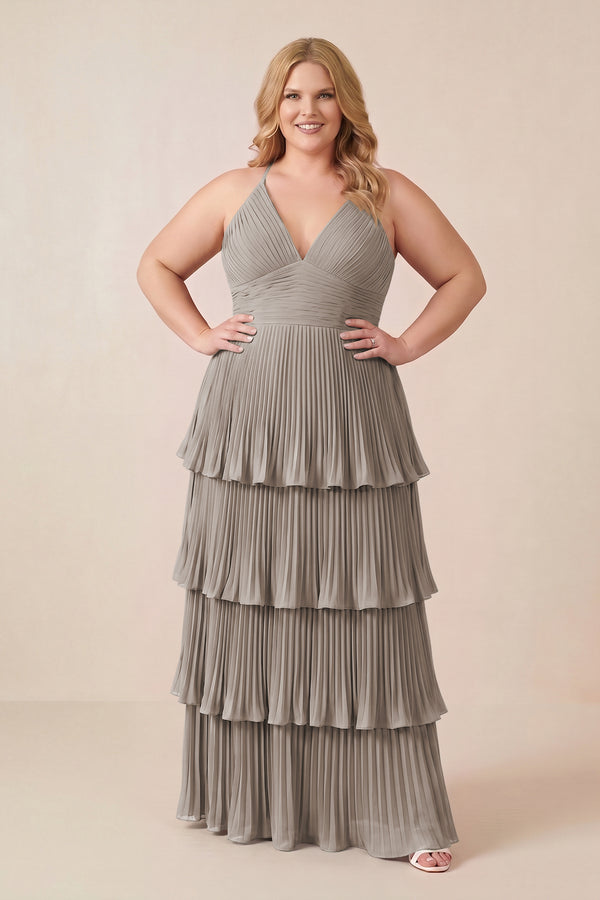 Tiered Pleated V - Neck A - Line Chiffon Bridesmaid Dress in Frost - KISS BRIDAL Bridesmaid Dresses[sizeplus]