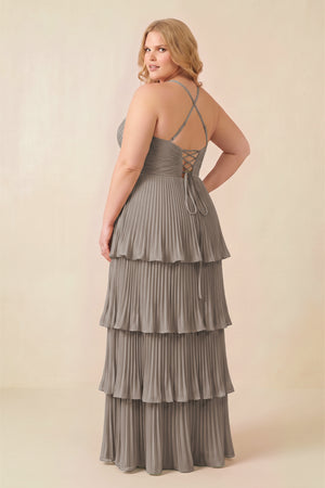 Tiered Pleated V - Neck A - Line Chiffon Bridesmaid Dress in Frost - KISS BRIDAL Bridesmaid Dresses[sizeplus]