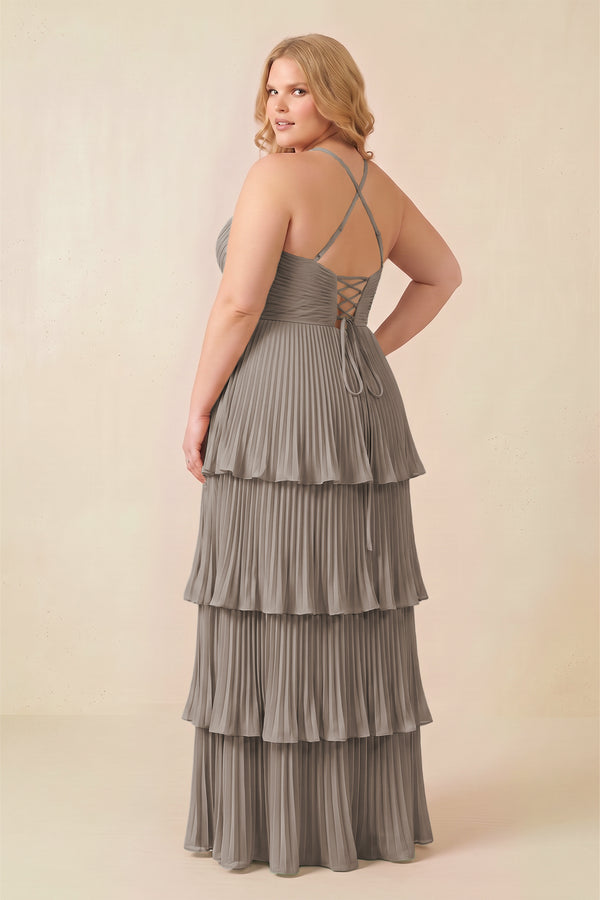Tiered Pleated V - Neck A - Line Chiffon Bridesmaid Dress in Frost - KISS BRIDAL Bridesmaid Dresses[sizeplus]