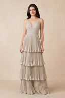 Tiered Pleated V - Neck A - Line Chiffon Bridesmaid Dress in Frost - KISS BRIDAL Bridesmaid Dresses