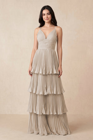 Tiered Pleated V - Neck A - Line Chiffon Bridesmaid Dress in Frost - KISS BRIDAL Bridesmaid Dresses