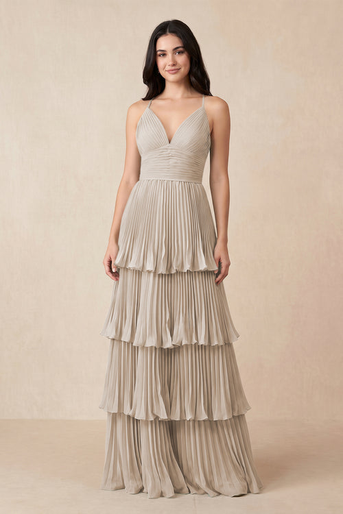 Tiered Pleated V - Neck A - Line Chiffon Bridesmaid Dress in Frost - KISS BRIDAL Bridesmaid Dresses