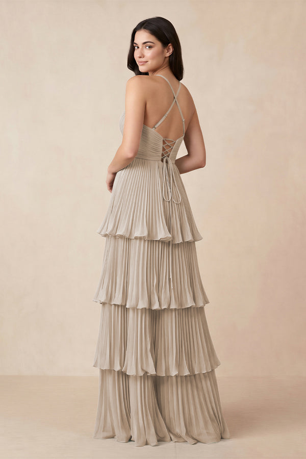 Tiered Pleated V - Neck A - Line Chiffon Bridesmaid Dress in Frost - KISS BRIDAL Bridesmaid Dresses