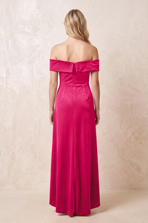 Off - the - Shoulder Sheath Velvet Midi Bridesmaid Dress in Fuchsia - KISS BRIDAL Bridesmaid Dresses