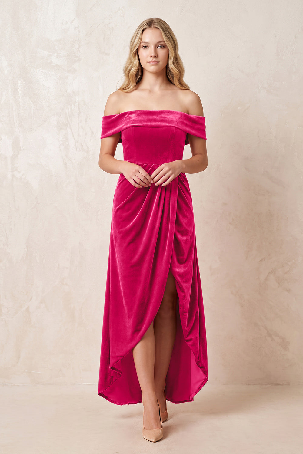 Off-the-Shoulder Sheath Velvet Midi Bridesmaid Dress in Fuchsia