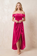 Off - the - Shoulder Sheath Velvet Midi Bridesmaid Dress in Fuchsia - KISS BRIDAL Bridesmaid Dresses