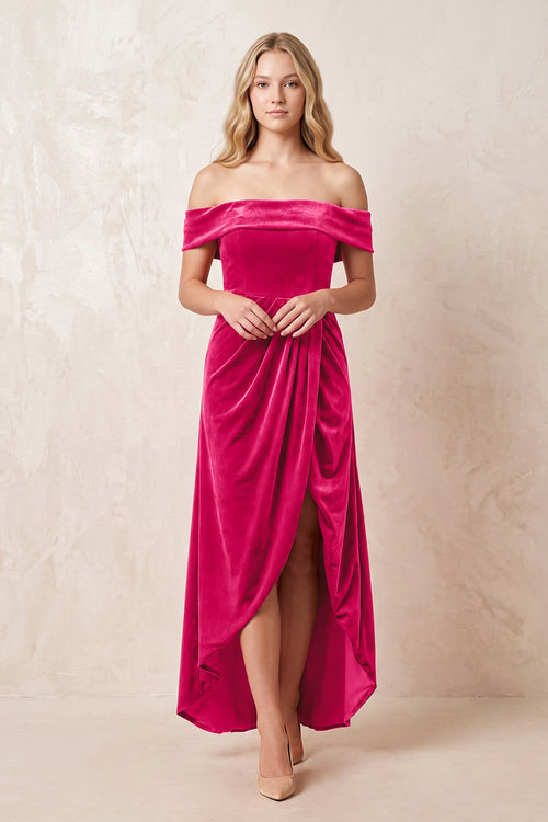 Off - the - Shoulder Sheath Velvet Midi Bridesmaid Dress in Fuchsia - KISS BRIDAL Bridesmaid Dresses