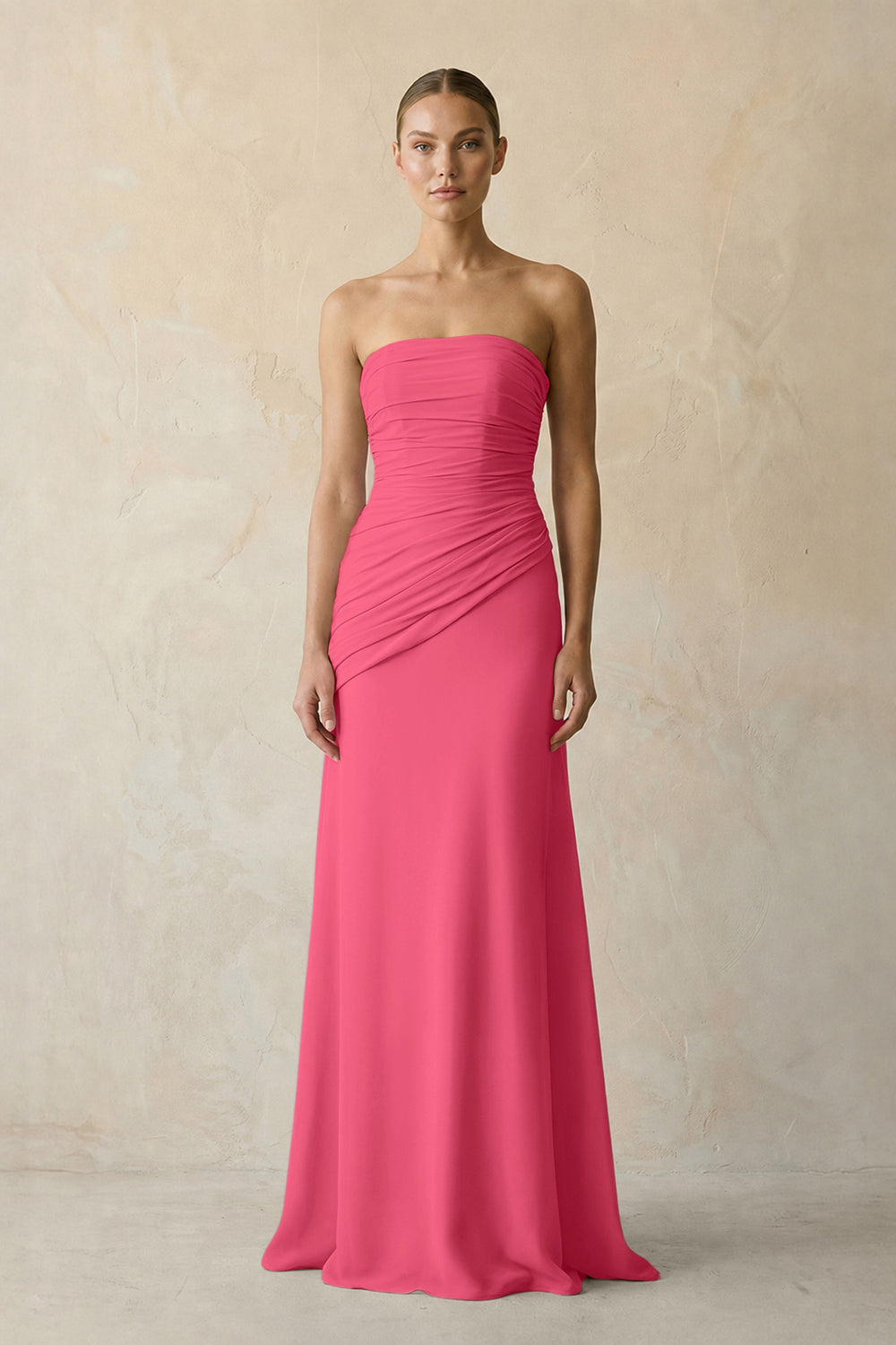 Sheath Chiffon Strapless Pleated Bridesmaid Dress in Fuchsia