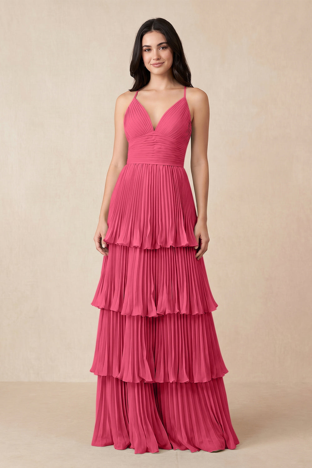 Tiered Pleated V-Neck A-Line Chiffon Bridesmaid Dress in Fuchsia