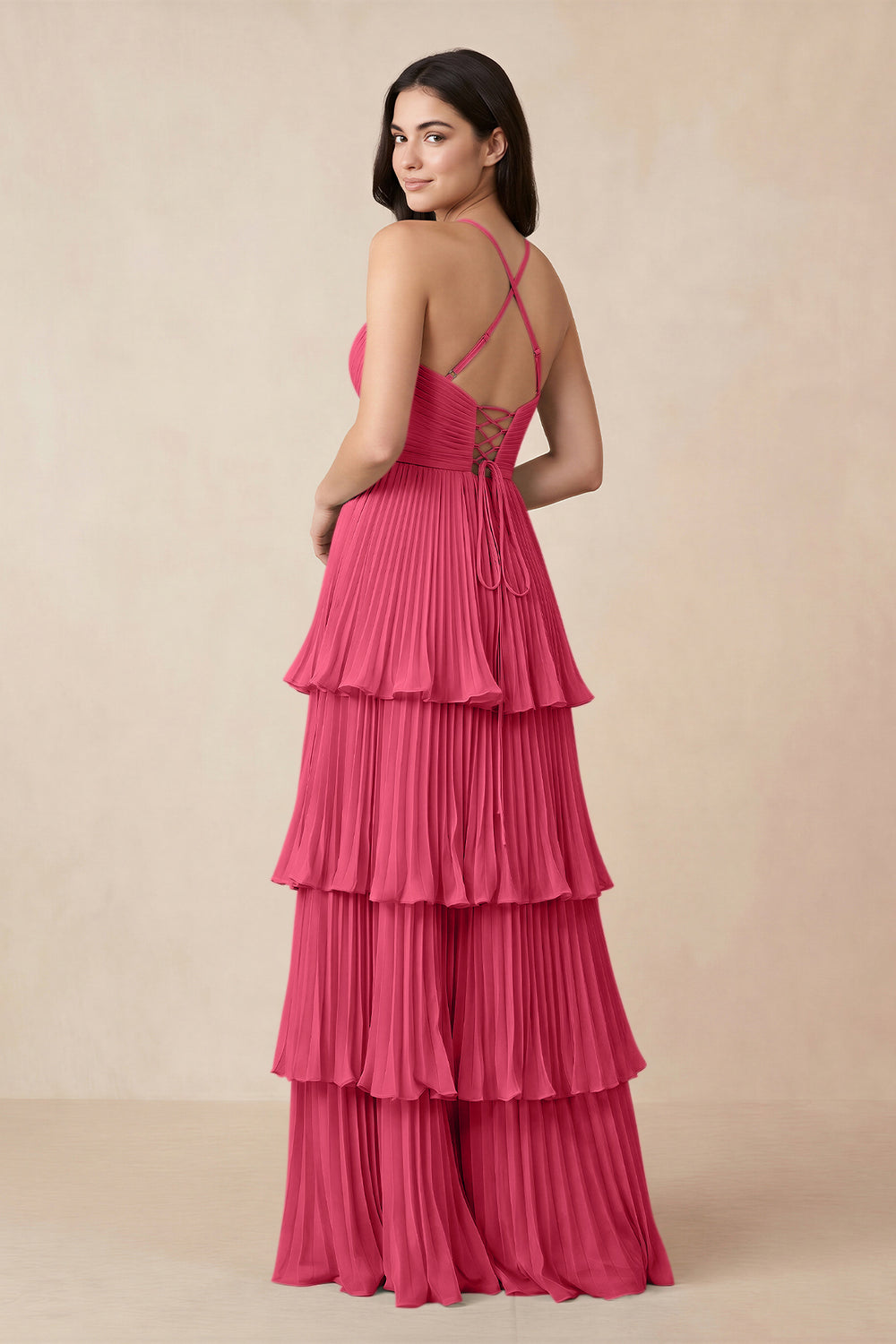 Tiered Pleated V-Neck A-Line Chiffon Bridesmaid Dress in Fuchsia