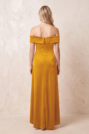 Off - the - Shoulder Sheath Velvet Midi Bridesmaid Dress in Gold - KISS BRIDAL Bridesmaid Dresses