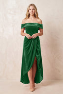 Off - the - Shoulder Sheath Velvet Midi Bridesmaid Dress in Green - KISS BRIDAL Bridesmaid Dresses