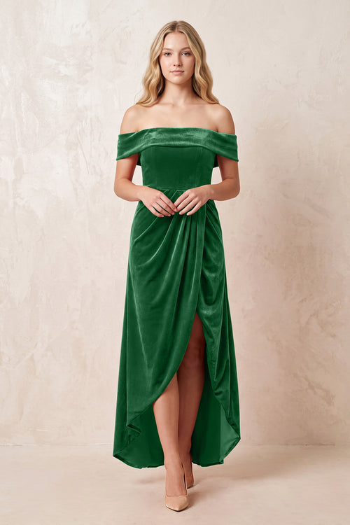 Off - the - Shoulder Sheath Velvet Midi Bridesmaid Dress in Green - KISS BRIDAL Bridesmaid Dresses