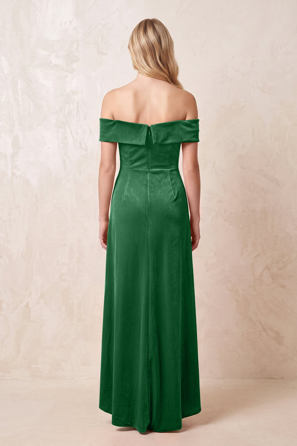 Off - the - Shoulder Sheath Velvet Midi Bridesmaid Dress in Green - KISS BRIDAL Bridesmaid Dresses