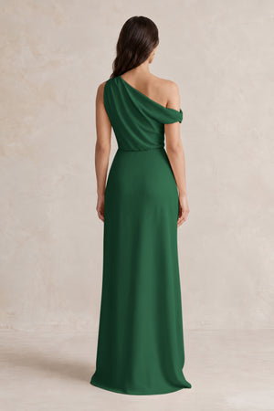 One-Shoulder Satin Sheath Bridesmaid Dress With Slit in Green - KISSBRIDAL
