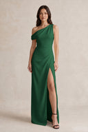 One-Shoulder Satin Sheath Bridesmaid Dress With Slit in Green - KISSBRIDAL