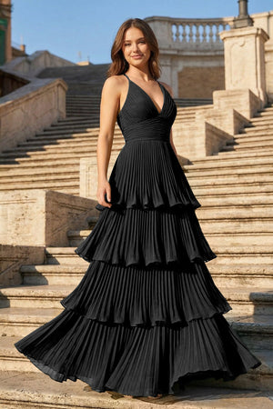 Dark Green A-Line Tiered Floor Length Chiffon Bridesmaid Dress - KISSBRIDAL PROM DRESSES