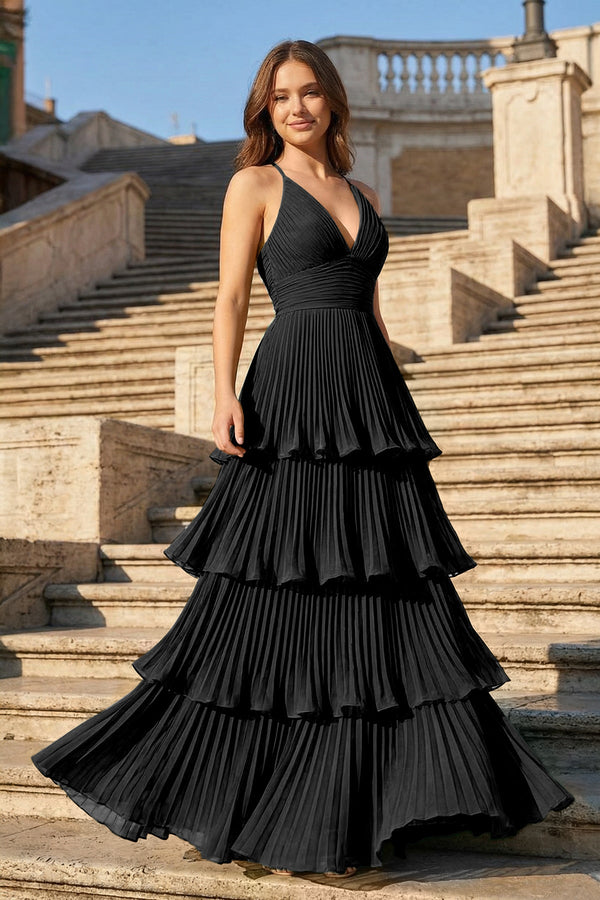 Dark Green A-Line Tiered Floor Length Chiffon Bridesmaid Dress - KISSBRIDAL PROM DRESSES