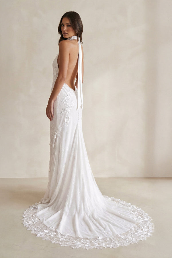 Halter Neck Sheath Floral Embroidery Wedding Dress in Ivory - SHE IS ME Wedding Dresses