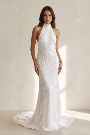 Halter Neck Sheath Floral Embroidery Wedding Dress in Ivory - SHE IS ME Wedding Dresses
