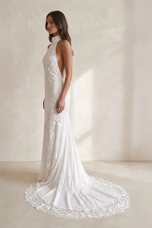 Halter Neck Sheath Floral Embroidery Wedding Dress in Ivory - SHE IS ME Wedding Dresses