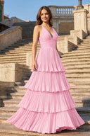 Dark Green A-Line Tiered Floor Length Chiffon Bridesmaid Dress - KISSBRIDAL PROM DRESSES