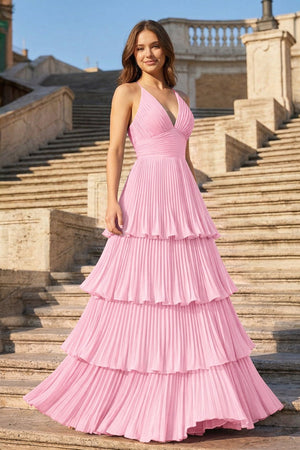 Dark Green A-Line Tiered Floor Length Chiffon Bridesmaid Dress - KISSBRIDAL PROM DRESSES