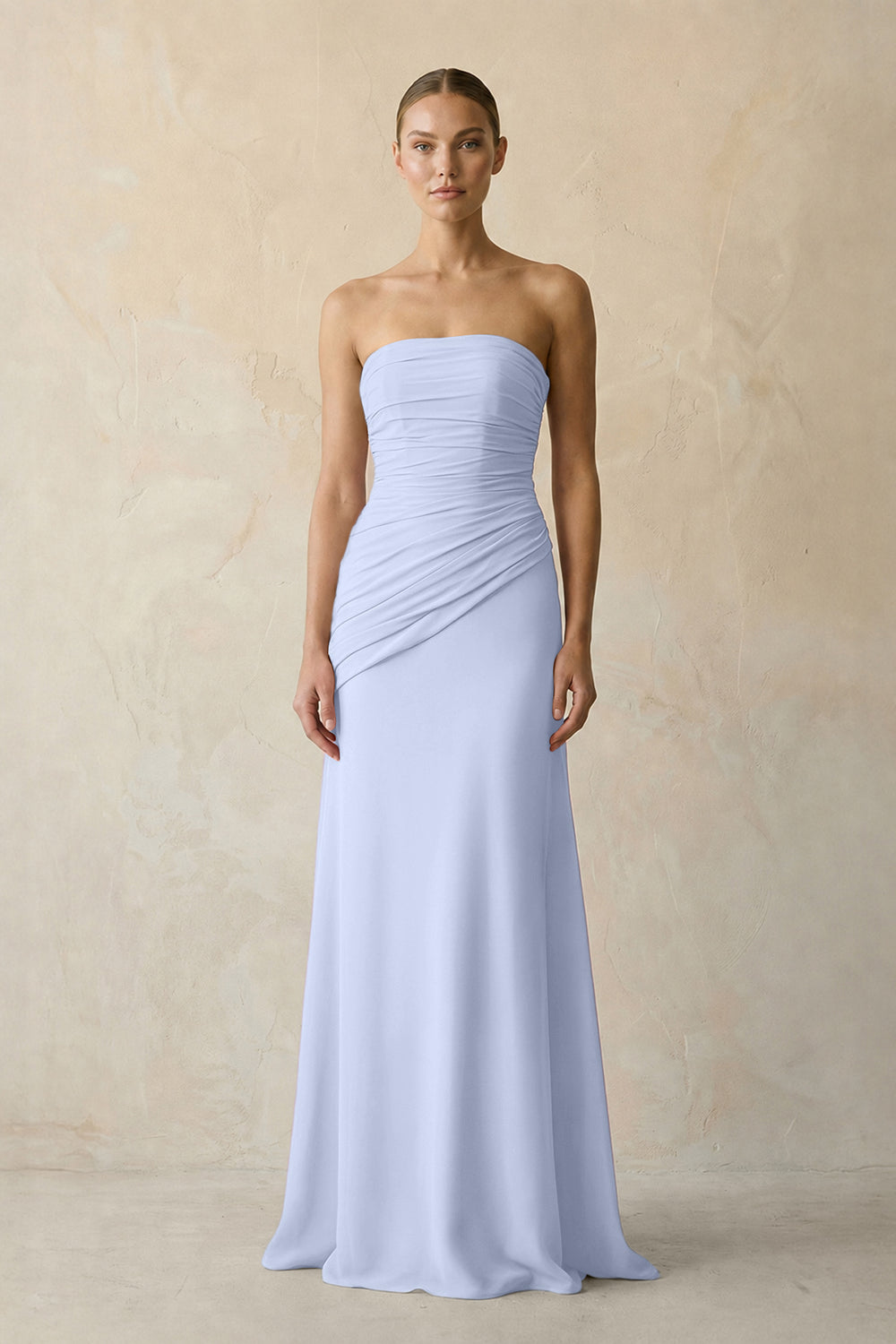 Sheath Chiffon Strapless Pleated Bridesmaid Dress in Ice