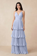 Tiered Pleated V - Neck A - Line Chiffon Bridesmaid Dress in Ice - KISS BRIDAL Bridesmaid Dresses
