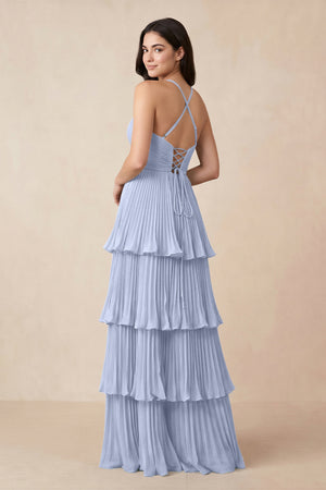 Tiered Pleated V - Neck A - Line Chiffon Bridesmaid Dress in Ice - KISS BRIDAL Bridesmaid Dresses