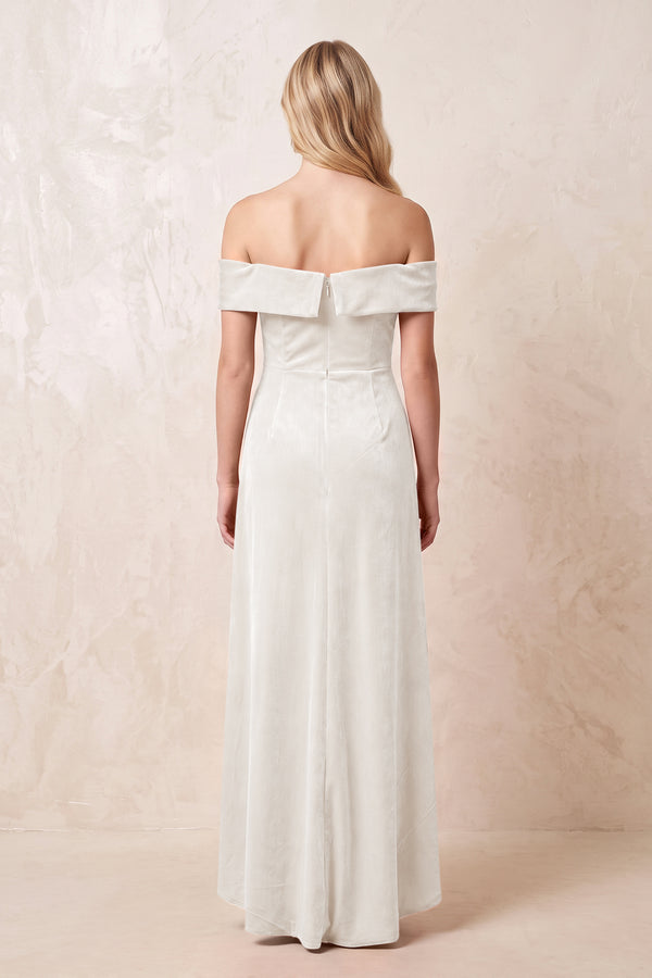Off - the - Shoulder Sheath Velvet Midi Bridesmaid Dress in Ivory - KISS BRIDAL Bridesmaid Dresses