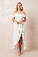 Off - the - Shoulder Sheath Velvet Midi Bridesmaid Dress in Ivory - KISS BRIDAL Bridesmaid Dresses
