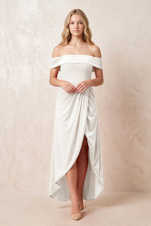Off - the - Shoulder Sheath Velvet Midi Bridesmaid Dress in Ivory - KISS BRIDAL Bridesmaid Dresses