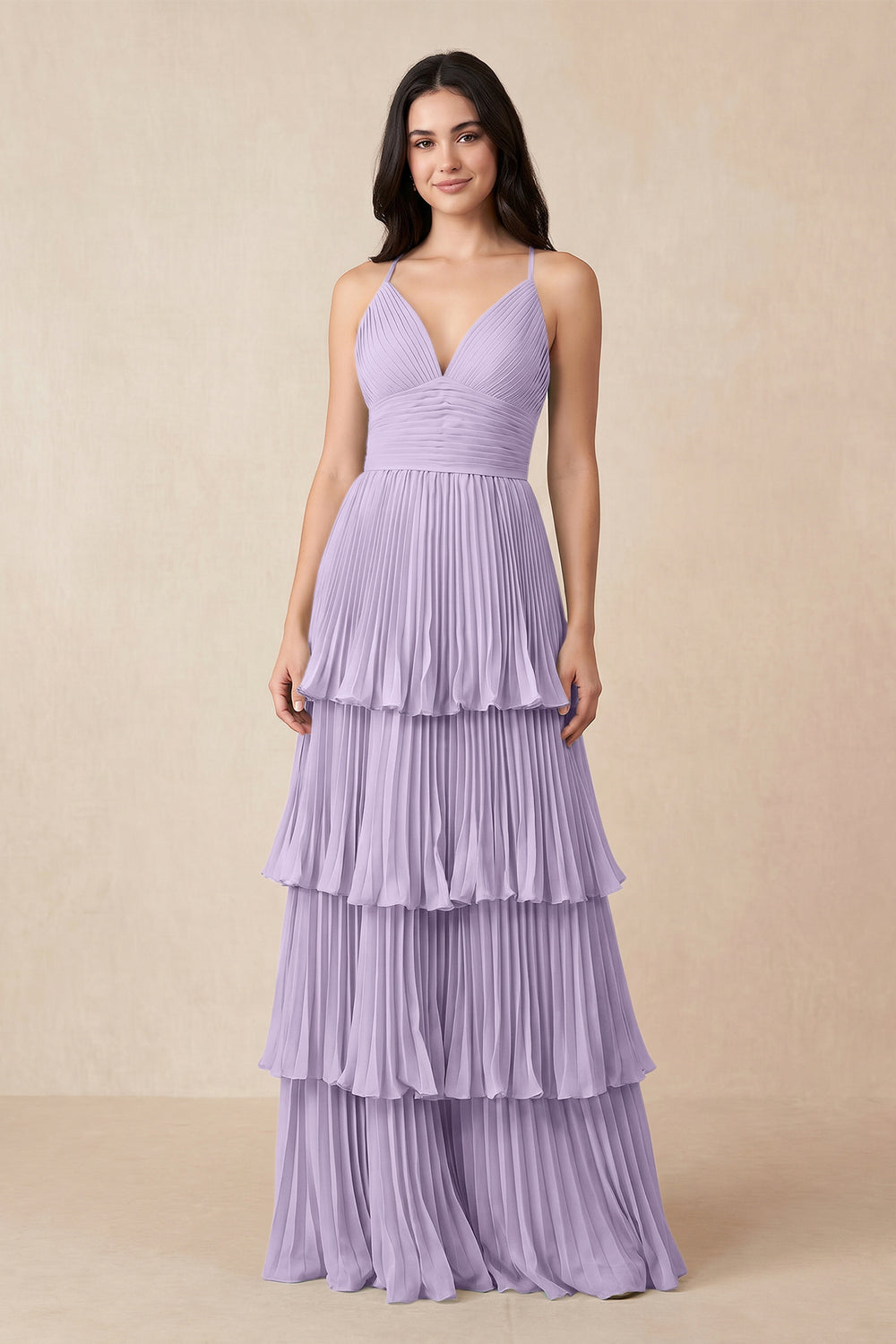 Tiered Pleated V-Neck A-Line Chiffon Bridesmaid Dress in Lavender