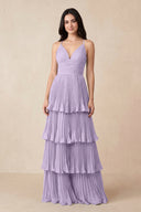 Tiered Pleated V - Neck A - Line Chiffon Bridesmaid Dress in Lavender - KISS BRIDAL Bridesmaid Dresses