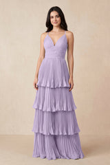 Tiered Pleated V - Neck A - Line Chiffon Bridesmaid Dress in Lavender - KISS BRIDAL Bridesmaid Dresses