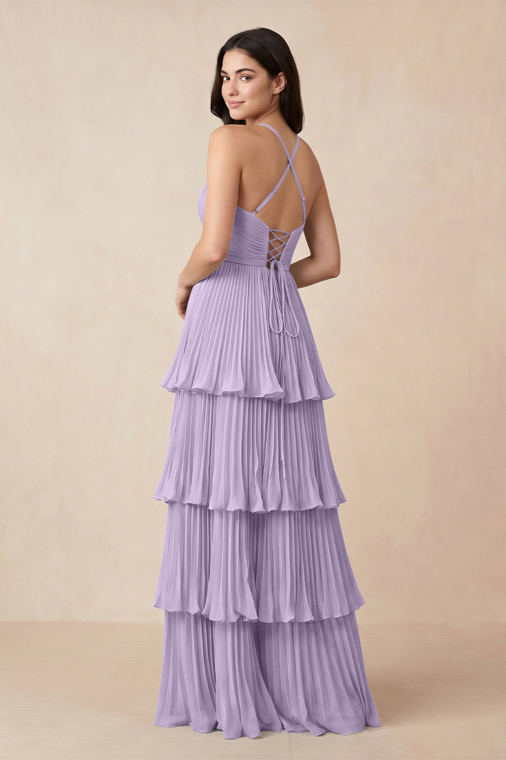 Tiered Pleated V-Neck A-Line Chiffon Bridesmaid Dress in Lavender