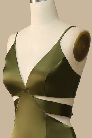 Olive Green V-Neck Cutout Maxi Dress with Spaghetti Straps