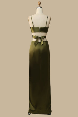 Olive Green V-Neck Cutout Maxi Dress with Spaghetti Straps