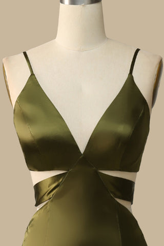 Olive Green V-Neck Cutout Maxi Dress with Spaghetti Straps