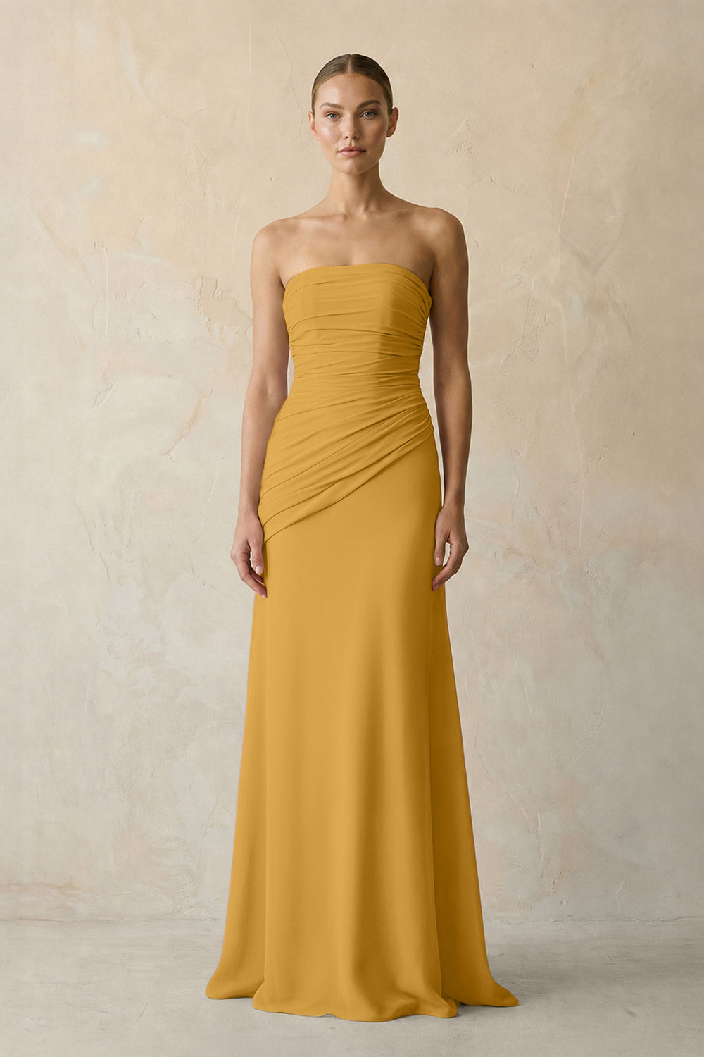 Sheath Chiffon Strapless Pleated Bridesmaid Dress in Marigold