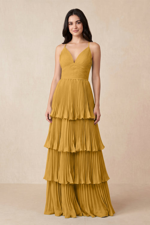 Tiered Pleated V - Neck A - Line Chiffon Bridesmaid Dress in Marigold - KISS BRIDAL Bridesmaid Dresses