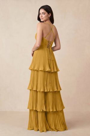 Tiered Pleated V - Neck A - Line Chiffon Bridesmaid Dress in Marigold - KISS BRIDAL Bridesmaid Dresses