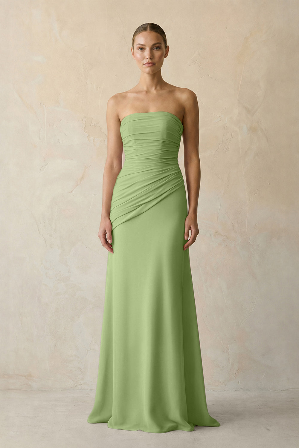 Sheath Chiffon Strapless Pleated Bridesmaid Dress in Matcha
