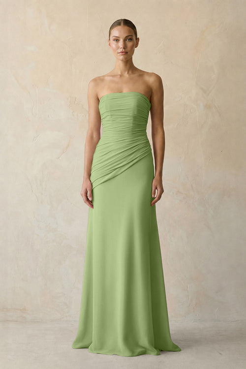Matcha Sheath Chiffon Strapless Pleated Bridesmaid Dress in Matcha - KISS BRIDAL Bridesmaid Dresses