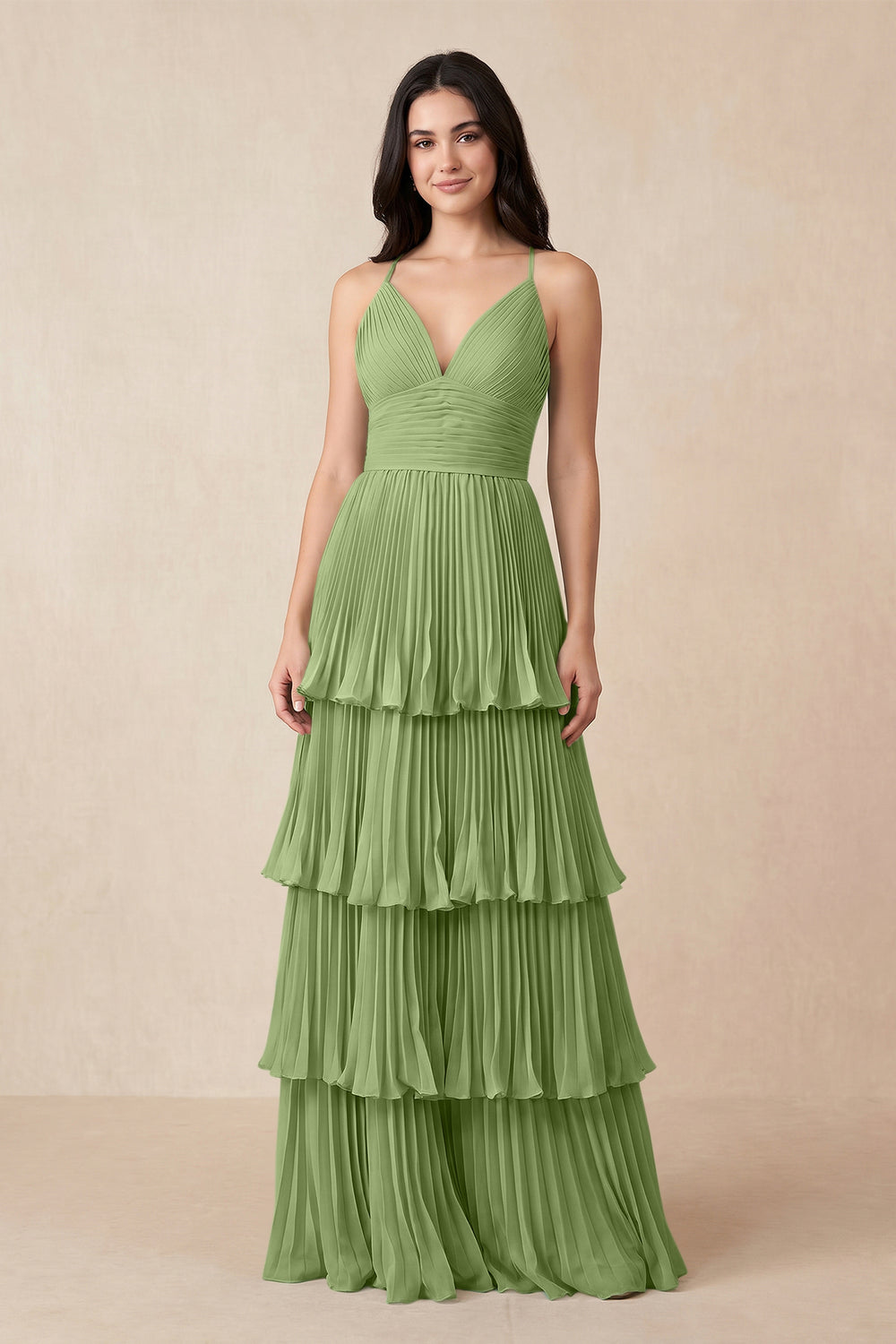Tiered Pleated V-Neck A-Line Chiffon Bridesmaid Dress in Matcha