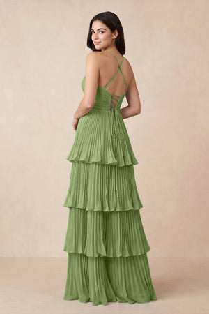 Tiered Pleated V - Neck A - Line Chiffon Bridesmaid Dress in Matcha - KISS BRIDAL Bridesmaid Dresses