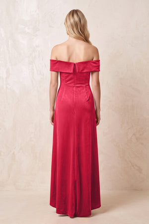Off - the - Shoulder Sheath Velvet Midi Bridesmaid Dress in Merlot - KISS BRIDAL Bridesmaid Dresses