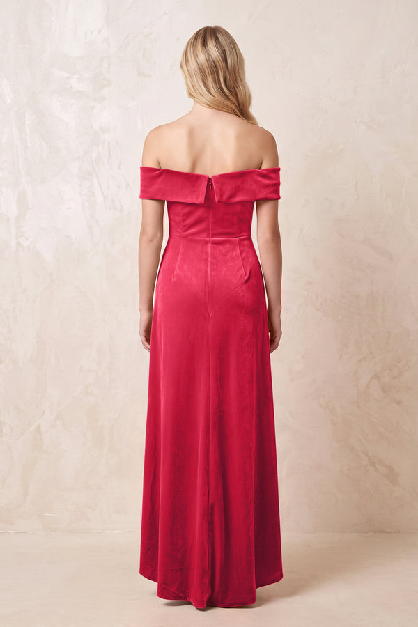 Off - the - Shoulder Sheath Velvet Midi Bridesmaid Dress in Merlot - KISS BRIDAL Bridesmaid Dresses