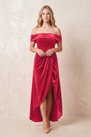 Off - the - Shoulder Sheath Velvet Midi Bridesmaid Dress in Merlot - KISS BRIDAL Bridesmaid Dresses
